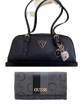 NWT!! GUESS Black Dome Satchel with Matching Wallet - Black
